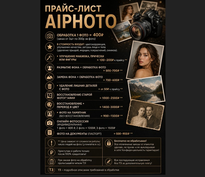 Прайс-лист AI Photo на обработку, реставрацию и фотосъёмку